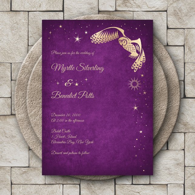 Owl Stars Wizard Purple Magic Wedding Invitation (Creator Uploaded)