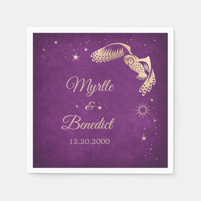 Owl Stars Wizard Purple Magic Wedding Napkins (Front)