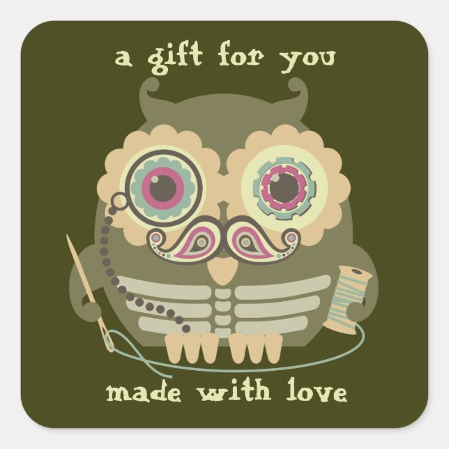 Owl steampunk skeleton mustache sewing needle square sticker (Front)