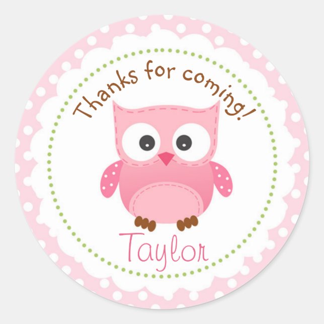 Owl Sticker Pink (Girl's 1st Birthday Party Favor) (Front)