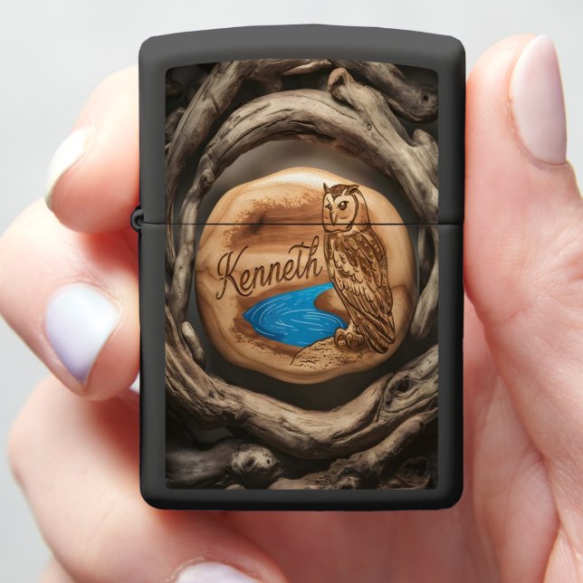 Owl & Stream Wooden Plaque Zippo Lighter (In Hand)