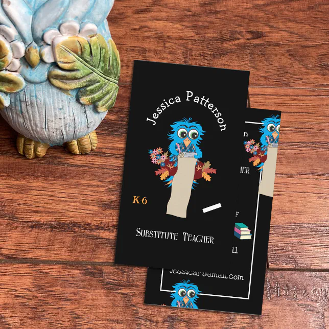 Owl Sub Teacher Black Vertical Business Cards | Zazzle