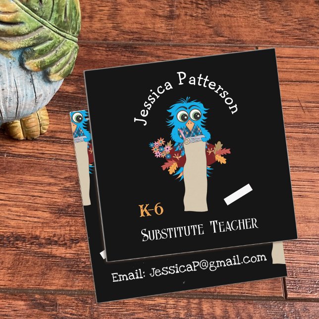 Owl Substitute Teacher Chalkboard Contact Cards (Blue owl substitute teacher square business cards .
)