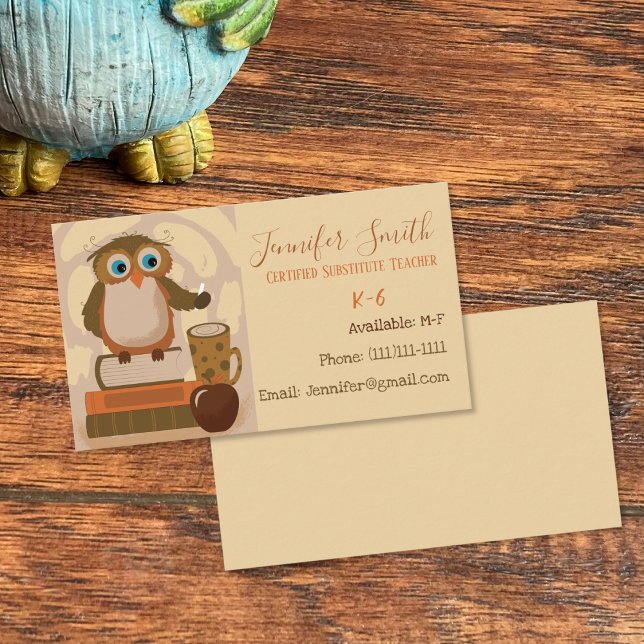 Owl Substitute Teacher Standard Business Cards (Cute educator contact cards .)
