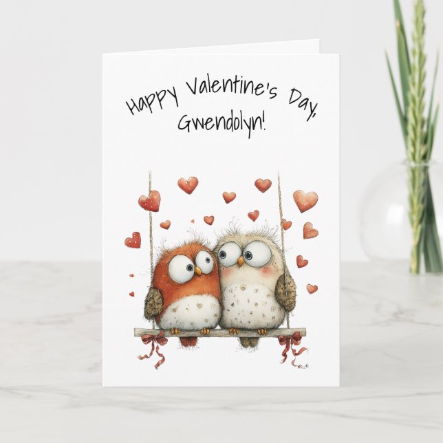 Owl Sweethearts Whimsical Happy Valentine's Day Card (Front)