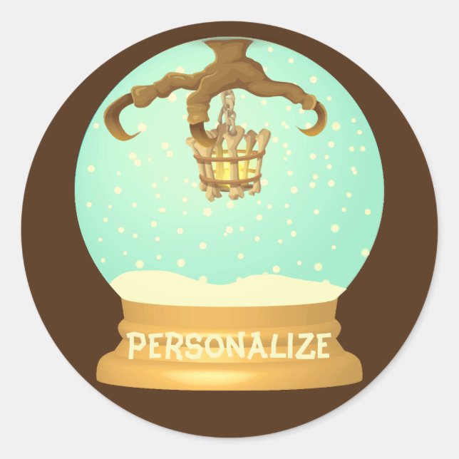 Owl talon and bone chandelier fall snow globe classic round sticker (Front)