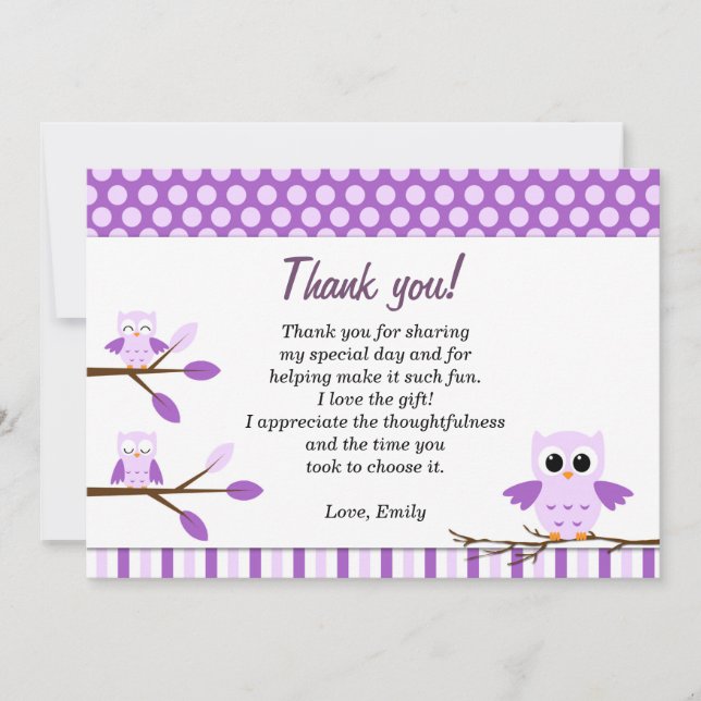 Owl Thank You Card Note Purple (Front)
