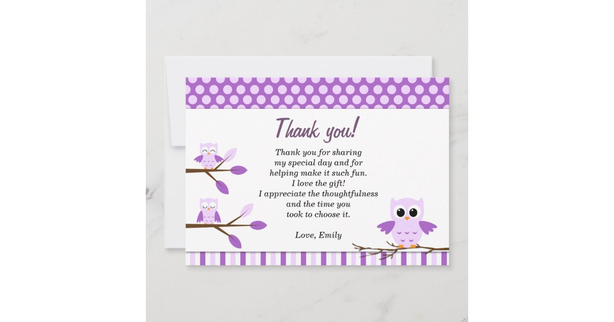 Owl Thank You Card Note Purple | Zazzle