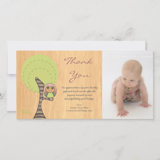 Owl Thank You New Baby Girl Arrival Gift Photocard (Front)