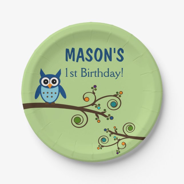 Owl Themed Birthday Paper Plates (Front)