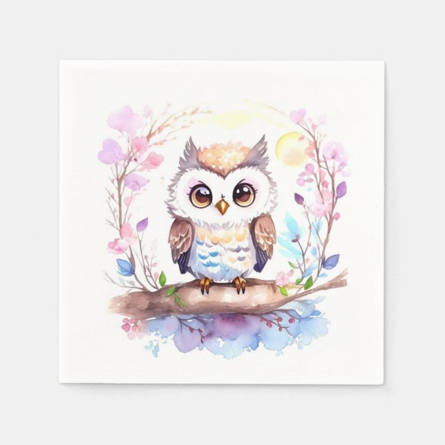 Owl-themed Pink Baby Girl Shower Napkins (Front)