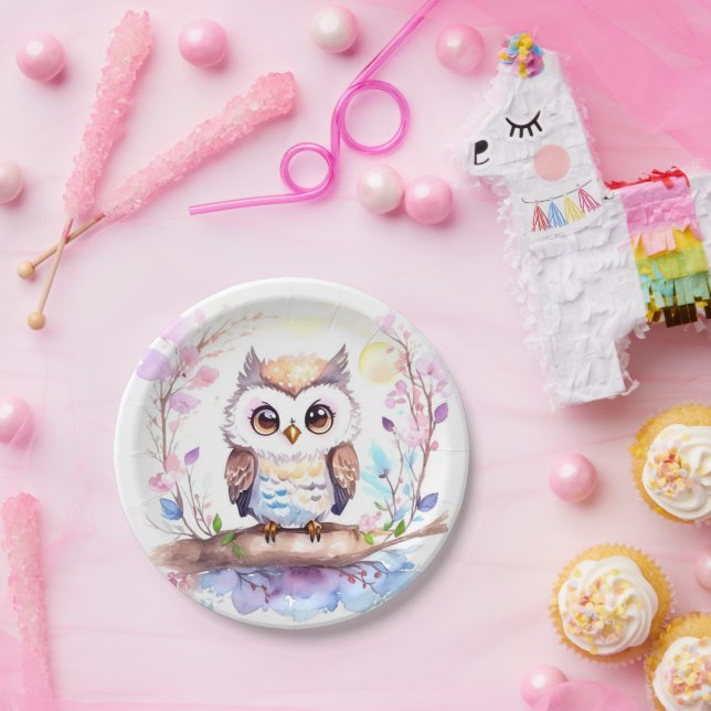 Owl-themed Pink Baby Girl Shower Paper Plates (Party)