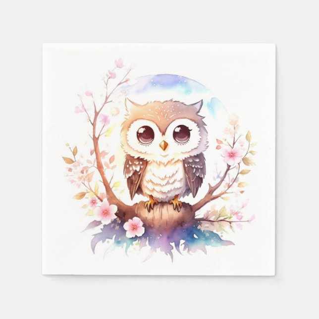 Owl-themed Woodland Baby Girl Shower Napkins (Front)