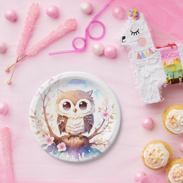 Owl-themed Woodland Baby Girl Shower Paper Plates (Party)