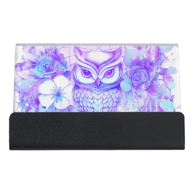 Owl Totem Dreamcatcher Floral Feather Purple Desk Business Card Holder (Front)