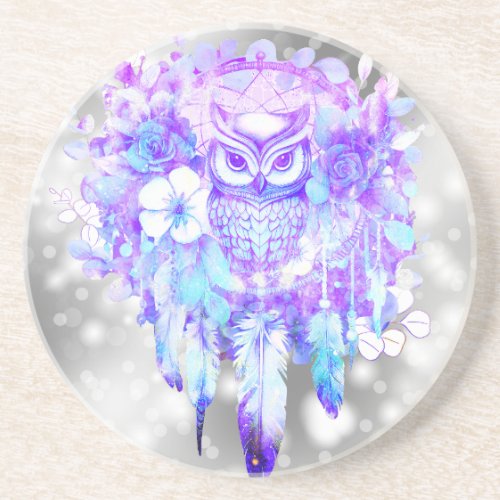 Owl Totem Dreamcatcher Floral Feather Purple Grey Coaster