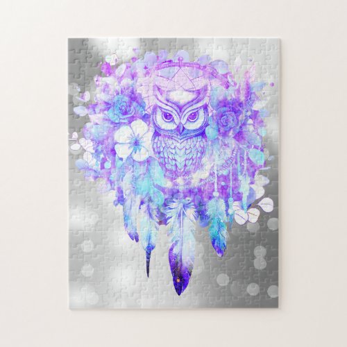 Owl Totem Dreamcatcher Floral Feather Purple Grey Jigsaw Puzzle