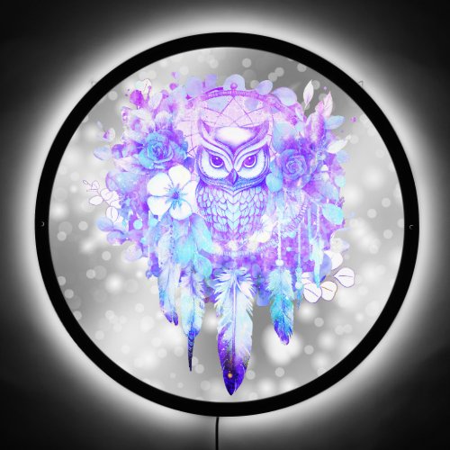 Owl Totem Dreamcatcher Floral Feather Purple Grey LED Sign