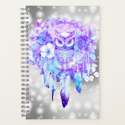 Owl Totem Dreamcatcher Floral Feather Purple Grey Notebook