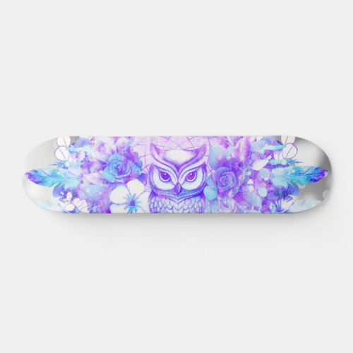 Owl Totem Dreamcatcher Floral Feather Purple Grey Skateboard