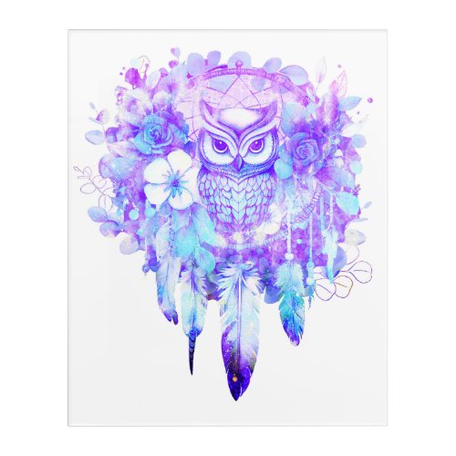 Owl Totem Dreamcatcher Floral Feather Purple Tint Acrylic Print