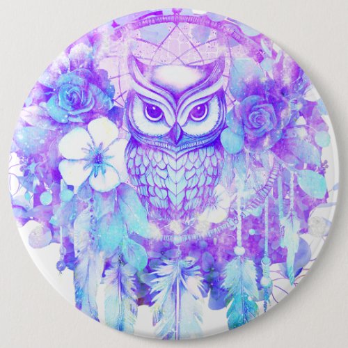 Owl Totem Dreamcatcher Floral Feather Purple Tint Button