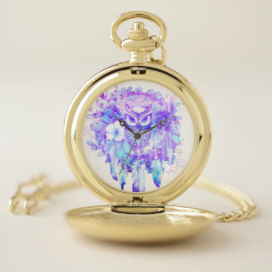 Owl Totem Dreamcatcher Floral Feather Purple Tint Pocket Watch