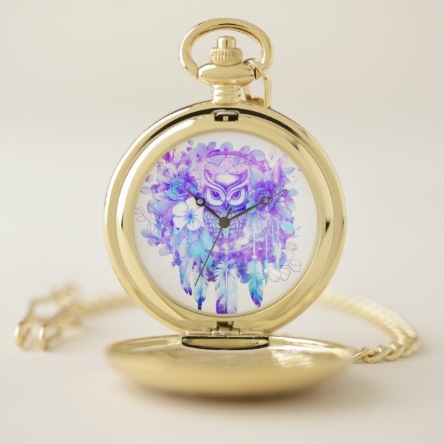 Owl Totem Dreamcatcher Floral Feather Purple Tint Pocket Watch (Inside)