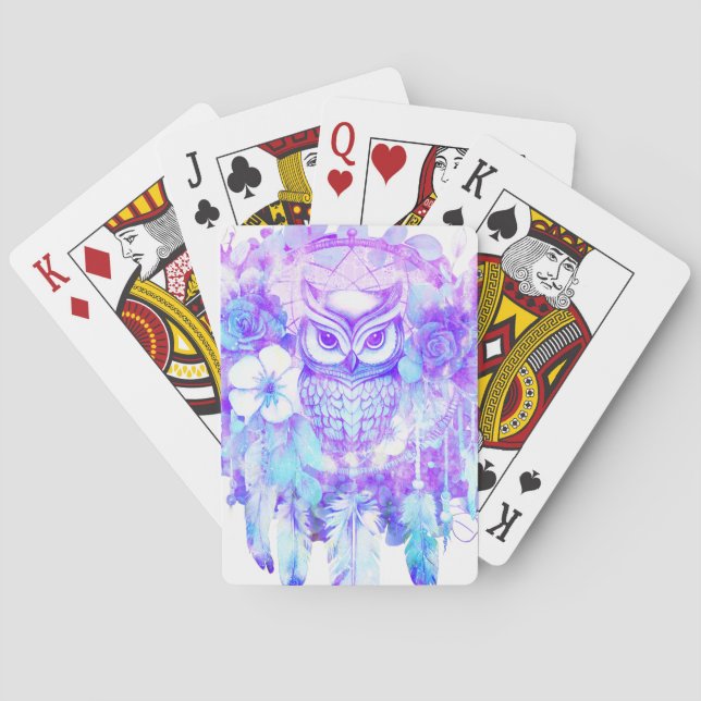 Owl Totem Dreamcatcher Floral Feather Purple Tint Poker Cards (Back)