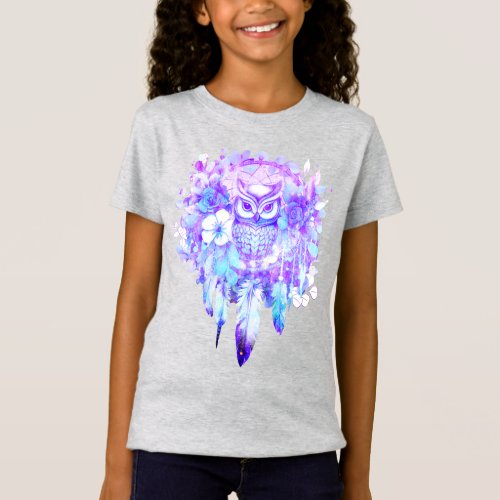 Owl Totem Dreamcatcher Floral Feather Purple Tint T_Shirt