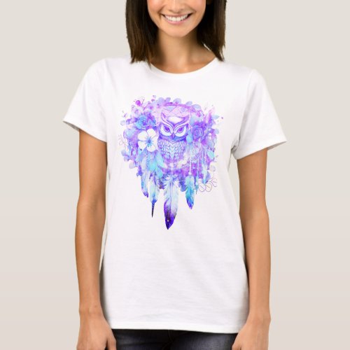 Owl Totem Dreamcatcher Floral Feather Purple Tint T_Shirt