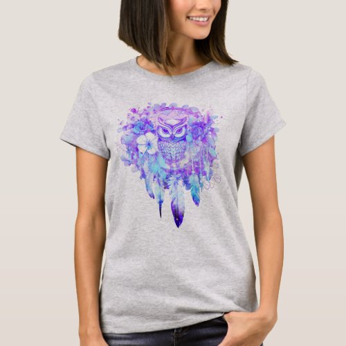 Owl Totem Dreamcatcher Floral Feather Purple Tint T_Shirt