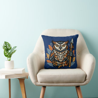 Owl Tribal Warrior Throw Pillow
