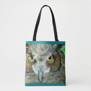 Owl: Turquoise Accent w/ Feather Detail Back Tote Bag