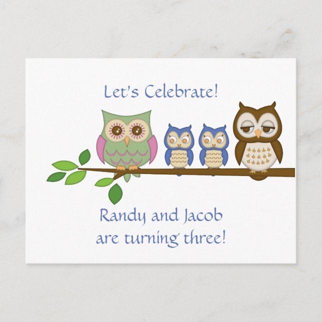 Owl Twin Boys Birthday Invite (Front)