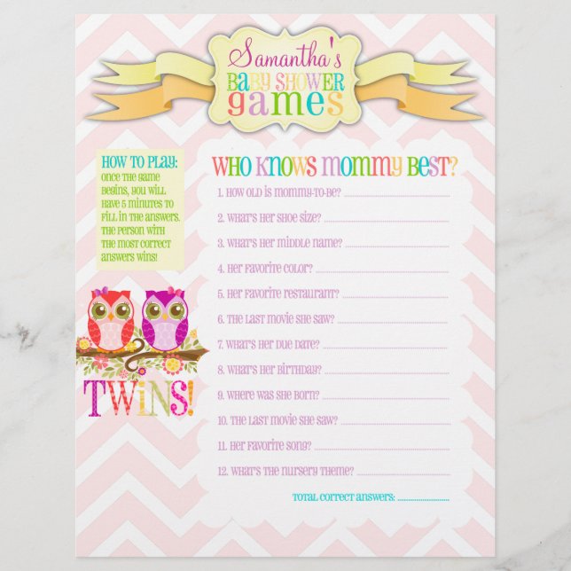 Owl Twin Girls "Baby Shower Games" Activity Sheet (Front)