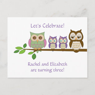 Owl Twins Birthday Party Invite
