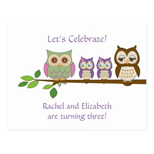 Owl Twins Birthday Party Invite Postcard