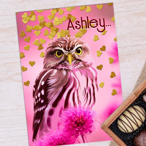 Owl Valentine Cute Pun Girly Pink Gold Heart Funny Holiday Card