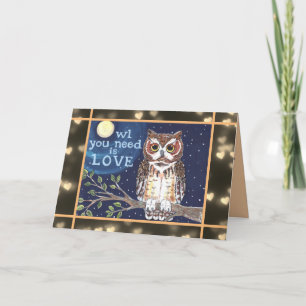 Owl Valentine Love Blue Sepia Moon Unique Custom Card