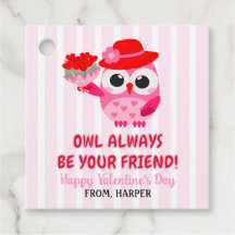 Owl Valentines Pink Hearts Gift Tags