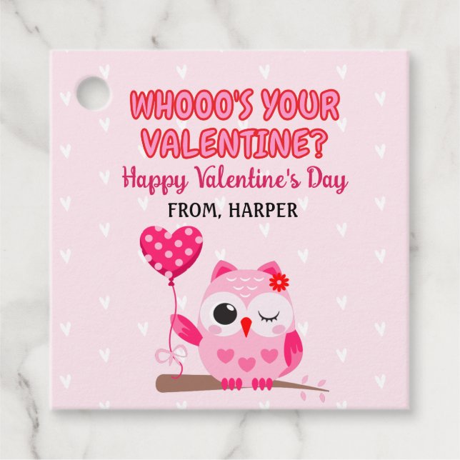 Owl Valentines Pink Hearts Gift Tags (Front)