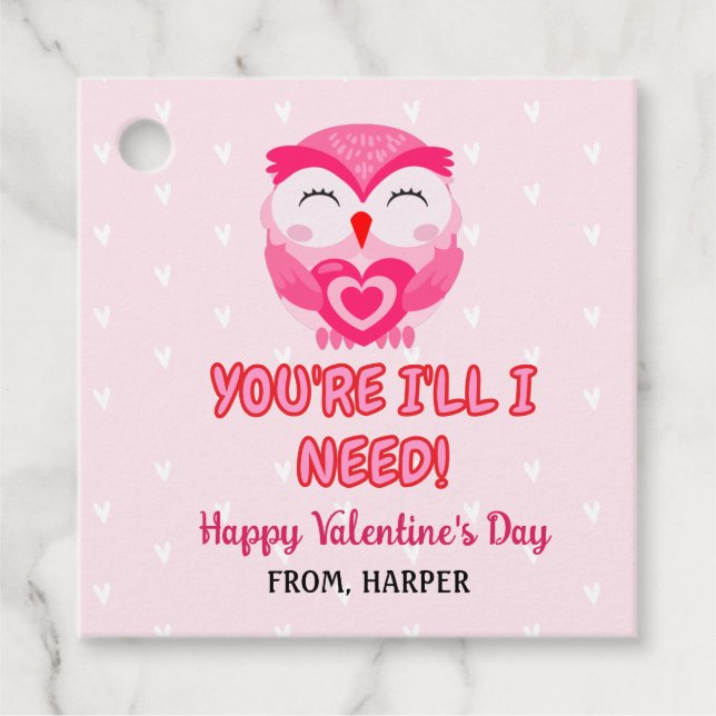 Owl Valentines Pink Hearts Gift Tags (Front)