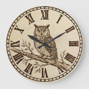 Owl Wall Clock – Forest Wood-Burned Style