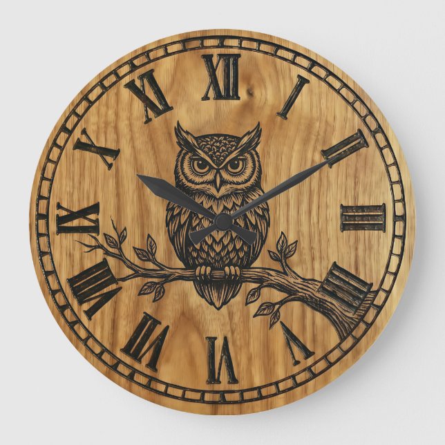 Owl Wall Clock - Wooden Style Design (Front)