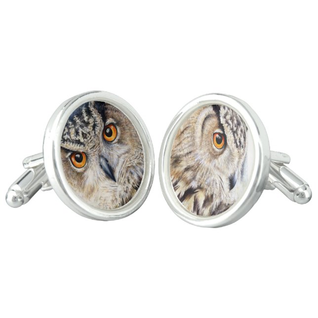 Owl watercolor art cufflinks (Angled)