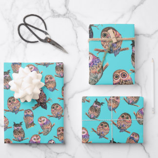 Owl Watercolor Forest Pattern Wrapping Paper Sheets