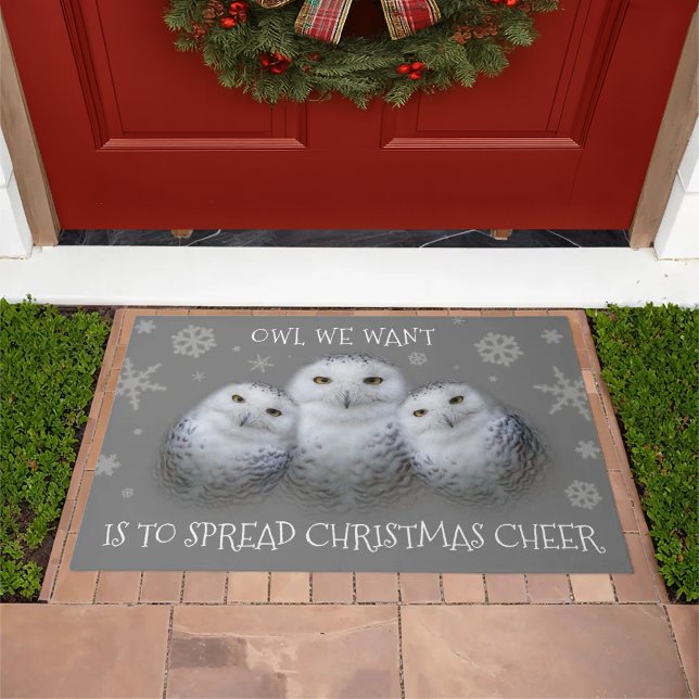 Owl We Want Spread Christmas Cheer Snowy Owls Doormat (Trio of Snowy Owls Welcome Mat Cover Photo)