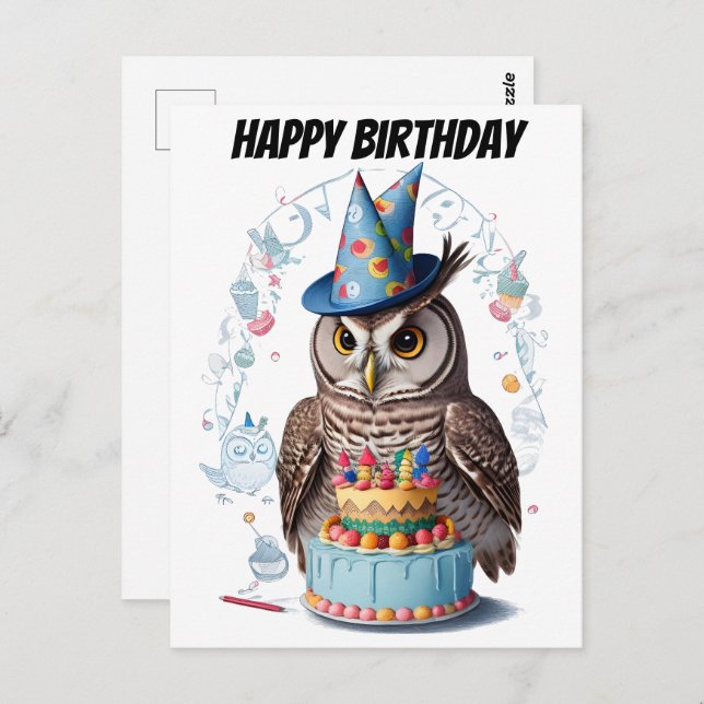Owl wearing birtday hat standing behind cake postcard (Front/Back)