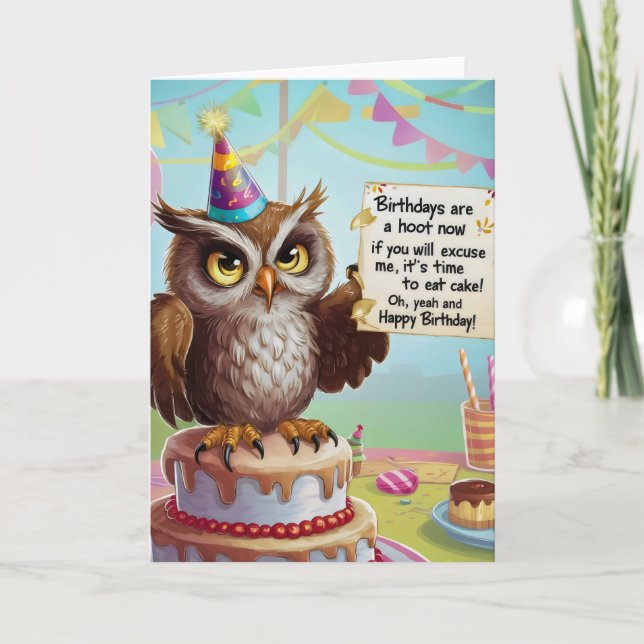 Owl wearing birthday hat standing on cake card (Front)